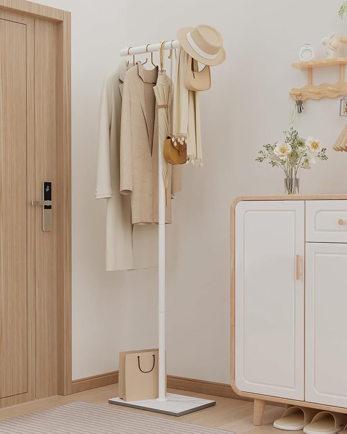 OUTBROS Freestanding Coat Rack, 68.9" High Small Clothes Rack, White | Coat Tree with Rock Base, T Shaped Clothe Rack, Coat Hanger Stand Suitable for Bedroom, Hallway, Entrance