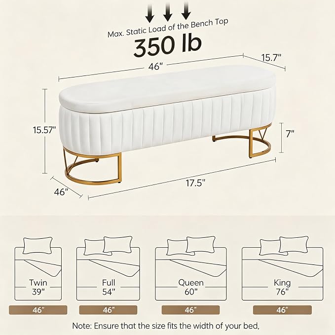 46" Storage Ottoman Bench, Velvet Oval End of Bed Bench Ivory | Easy 1-Min Assembly, High-Resilience Foam, Large Hidden Storage, Sturdy Gold Metal Legs