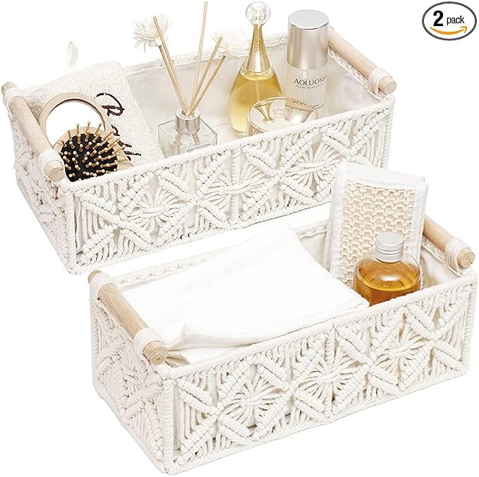 Macrame Storage Basket Boho Decor Baskets for Organizing Woven Decorative for Countertop Toilet Paper Basket for Tank Top for Home Decor Bedroom Nursery Livingroom Entryway (Set of 2)