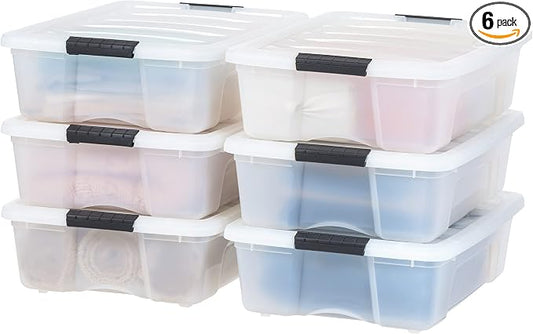 IRIS USA 6-Pack 27 Quart Storage Bins with Lids, Pearl | Conceals contents for a clean look. Great for linens, décor, closet storage, and supplies. Nestable design saves space