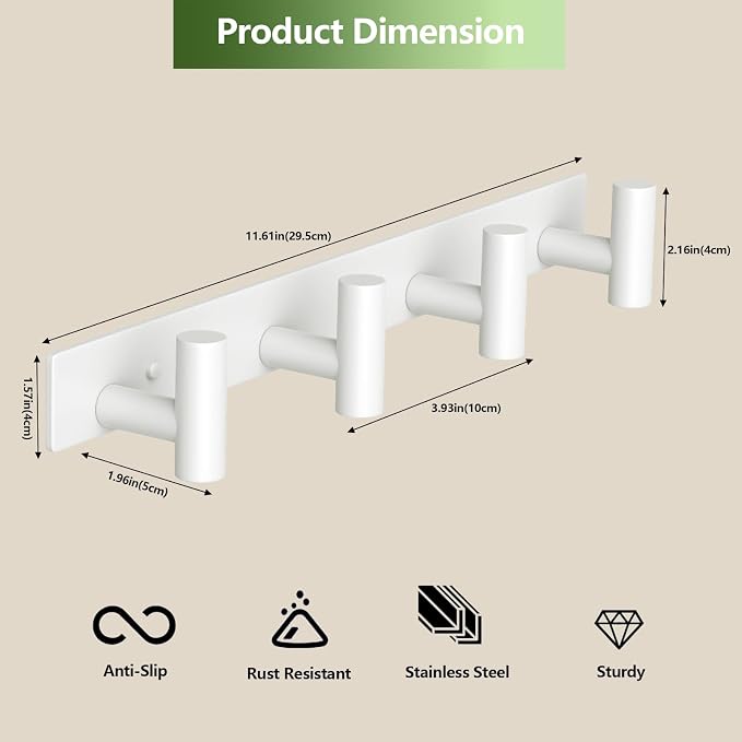 Wall Mounted Coat Rack-4 Hooks, Heavy Duty Stainless Steel Wall Hooks for Towel Coat Bag, Hat Rack Coat Hanger Coat Hooks Towel Racks for Bathroom Entryway Kitchen Office (White, 1 Pack)
