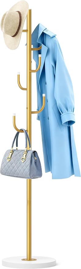 MISSLO Heavy Duty Coat Rack Freestanding 4 Adjustable Size Coat Tree with Stable Wood Base Coat Hanger Stand with 6 Hooks Standing Clothes Tree for Bedroom, Gold
