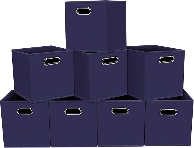 Fabric storage bins Cubes, Fabric Cube Organizer with Handle, Foldable Cube Bins for Cloth or Accessary Storage, 11x11x11, Set of 8, (Navy Blue)