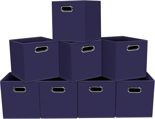 Fabric storage bins Cubes, Fabric Cube Organizer with Handle, Foldable Cube Bins for Cloth or Accessary Storage, 11x11x11, Set of 8, (Navy Blue)