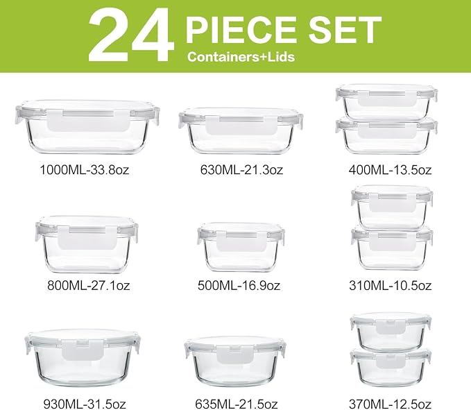 M MCIRCO 24-Piece Glass Food Storage Containers with Upgraded Snap Locking Lids,Glass Meal Prep Containers Set - Airtight Lunch Containers, Microwave, Oven, Freezer and Dishwasher,White