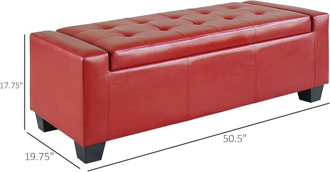 HOMCOM 51" Ottoman with Storage Safty Hinge Upholstered 330 lb Bright Red | Storage Ottoman Bench, Faux Leather Entryway Bench, Seating for Living Room, Bedroom