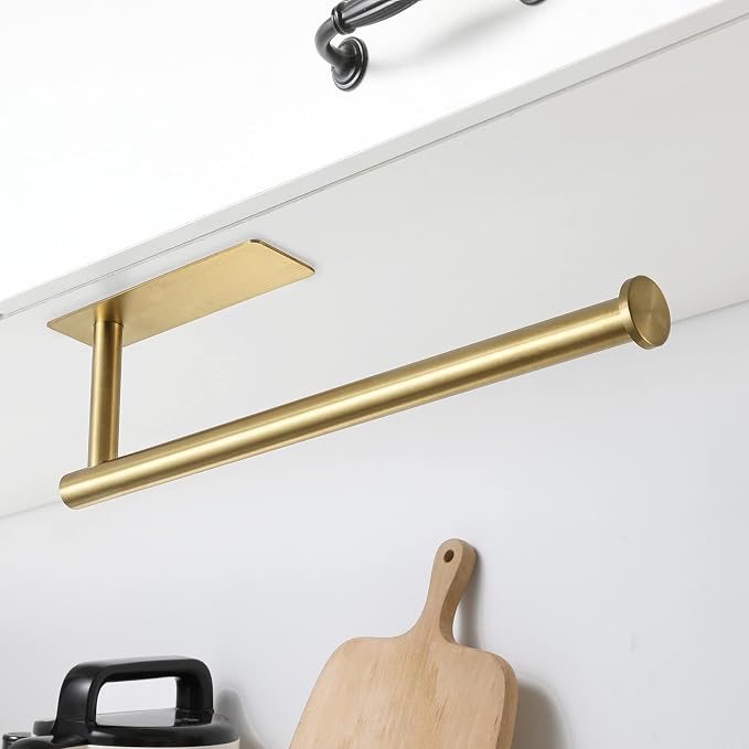 theaoo Under Cabinet Paper Towel Holder for Kitchen, Adhesive, 2 Pack Gold | Self-Adhesive or Screw Mount for Cabinets and Walls; Durable SUS304 Stainless Steel Fits Standard and Jumbo Rolls