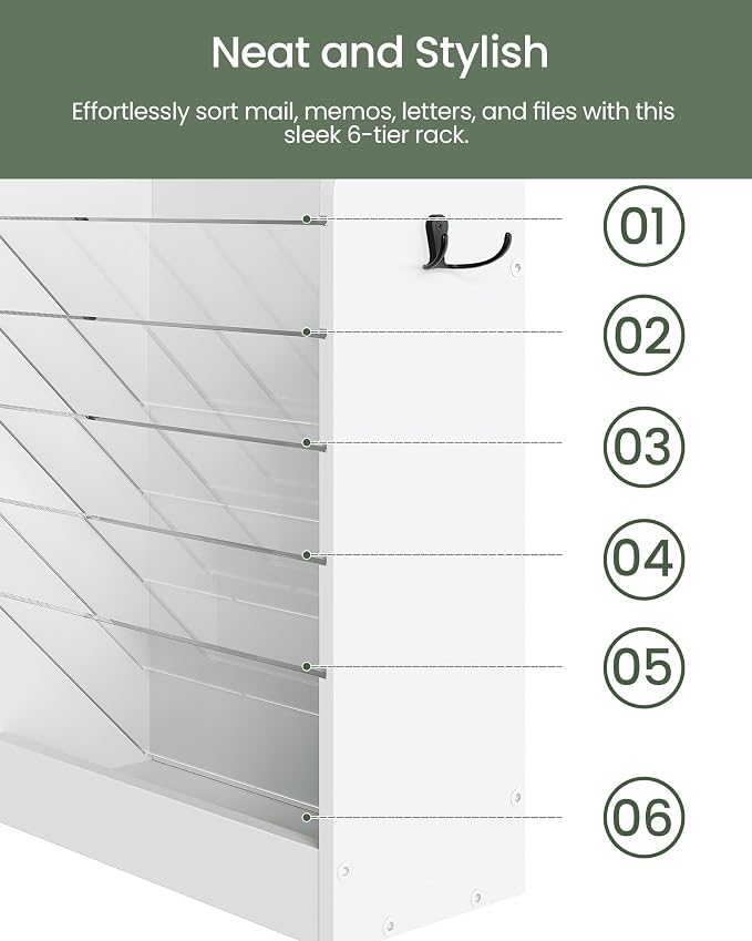 CHOEZON Wall File Holder, 6-Tier File Organizer, Office Supplies Storage Rack, Versatile Desktop Organizer, with Detachable Shelves, with Side Hooks, for Living Room, Study, Home Office, White MWJ02WB