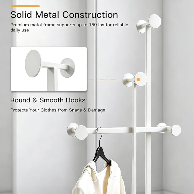 Metal Coat Rack Freestanding for Entryway (White) | Heavy Duty, Marble Base, Metal Frame, Essential Items Organizer for Clothes Bags, for Bedroom Living Room Hotel
