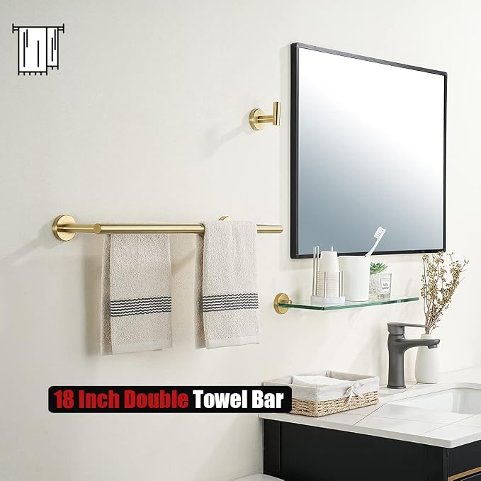JQK Gold Double Towel Bar, 19 Inch 304 Stainless Steel Thicken 0.8mm Towel Rack Bathroom, Towel Holder Brushed Gold Wall Mount, Useable Length 16 Inch, TB100L16-BG