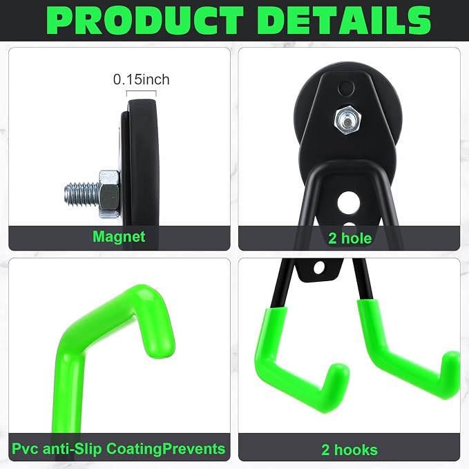 Landhoow 14 Pcs Large Magnetic Hooks Heavy Duty Garage Magnet Hooks Strong Storage Utility Magnetic Hangers with Anti Slip Rubber Coating for Indoor and Outdoor Hanging (Green)