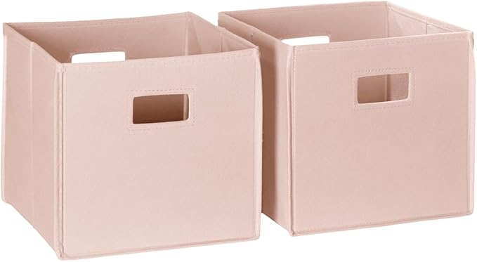 RiverRidge Folding Storage Bins - 2-pack of 10in Tall Soft Pink Cubes | Fabric Bins, Set of 2 Storage Cubes, Cut-out Handles, Playroom Closet Organizer, Collapsible Cubby with Bottom Board Insert