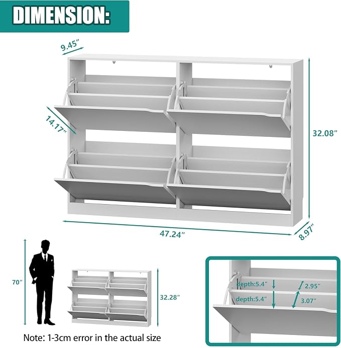 Xixini Shoe Storage Cabinet for Entryway with 4 Flip Drawers, Sturdy Wood Hidden Shoe Storage, Freestanding Narrow Slim Shoe Organizer for Front Door Entrance, Living Room, Hallway, Bedroom, White