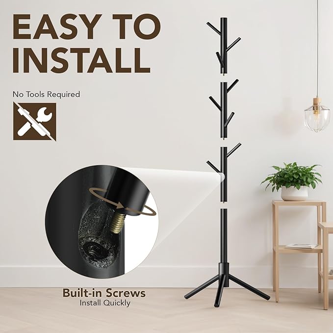 Hupmad Wooden Tree Coat Rack Stand,Sturdy Freestanding Coat Rack with 8 Hooks,3 Adjustable Height for Child Adult,Wood Coat Stand Tree Fits Entryway Bedroom Office for Bags,Hats