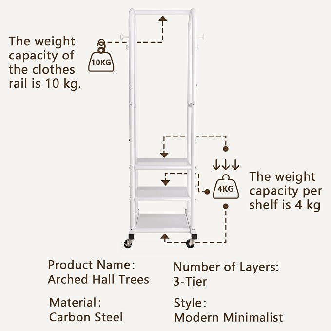 Dttwacoyh Clothing Rack with Wheels,Narrow Metal Garment Rack,White | Easy to install, 71.8 Inches Display Rack with 4 Side Hooks & 3 Shelves,for Small Flats, Bedroom, Entryway,White Clothes Rack