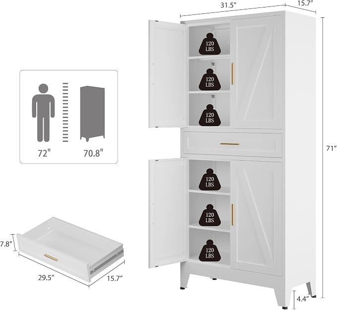 Bevivog 71" Kitchen Pantry Cabinet, Metal Storage Cabinet with Drawer, 2 Doors and 4 Adjustable Shelves Cabinet for Home Office Laundry Living Room Farmhouse White Metal Pantry