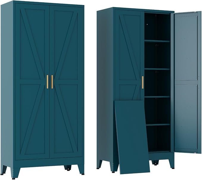 Tall Kitchen Pantry Storage Cabinet,Metal Blue Cabinets With Doors and Adjustable Shelves,Garage Storage Cabinets,Large Steel Shop Cabinet With Lock,Lockable Tool Cupboard For Living Room (Blue)
