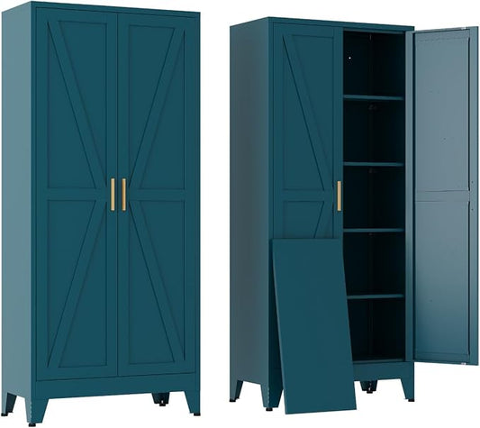 Tall Kitchen Pantry Storage Cabinet,Metal Blue Cabinets With Doors and Adjustable Shelves,Garage Storage Cabinets,Large Steel Shop Cabinet With Lock,Lockable Tool Cupboard For Living Room (Blue)