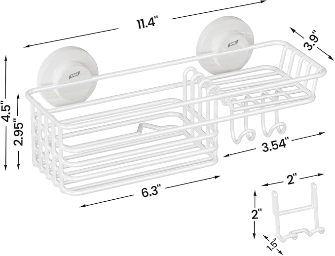 LEVERLOC Shower Caddy Suction Cup, Heavy Duty Bathroom Organizer | Shower Organizer for Inside Shower with Hooks & Soap holder, NO-Drilling Bathroom shelves-White