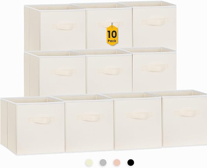 Criusia Storage Cubes, 11 Inch Clothes Storage Bins with Dual Handles (10 Pack), Fabric Collapsible Storage Bins for Shelves Closet, Cubby Organizer Bins for Clothing Toys Blanket Magazines (Beige)