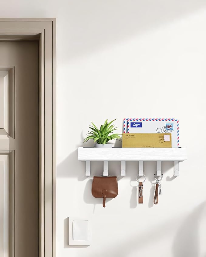 Key Holder Wall Mount Magnetic Adhesive, Key Hooks Rack with Shelf | Key Hanger with Mail Organizer for RV Camper Fridge Living Room Decor, Home Essentials, White