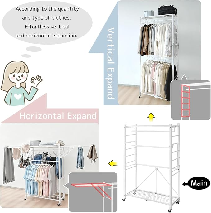 lumizone Folding Clothing Rack with Wheels Expandable Black | Adjustable Garment Rack Portable Clothes Rack for Hanging Clothes Closet Shelves Durable Closet Racks for Hanging Clothes