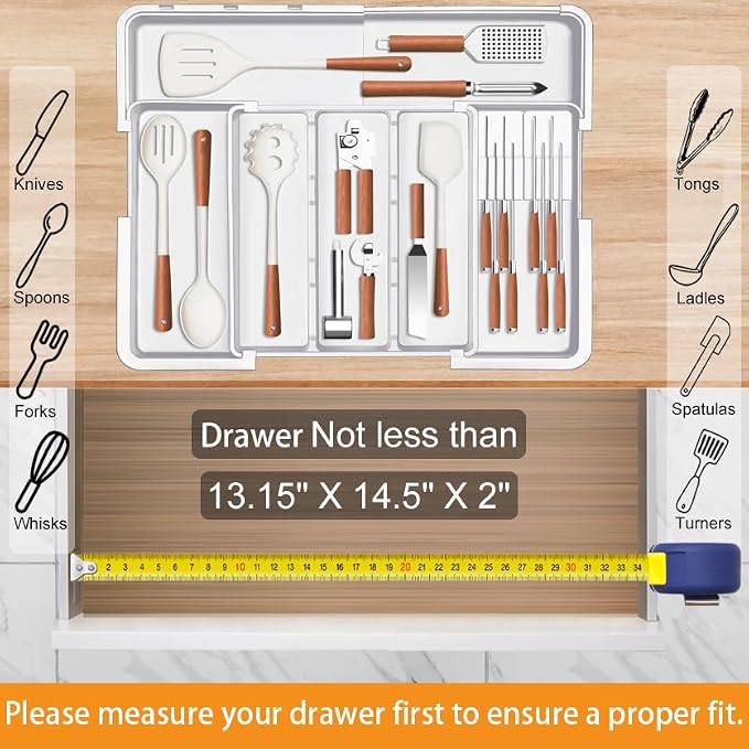 Kitchen Drawer Organizer Large Expandable Silverware Organizer, Utensil Holder and Flatware Tray, Kitchen Spatula Tools and Gadgets Storage with Removable Knife Blocks and 3 Dividers, White