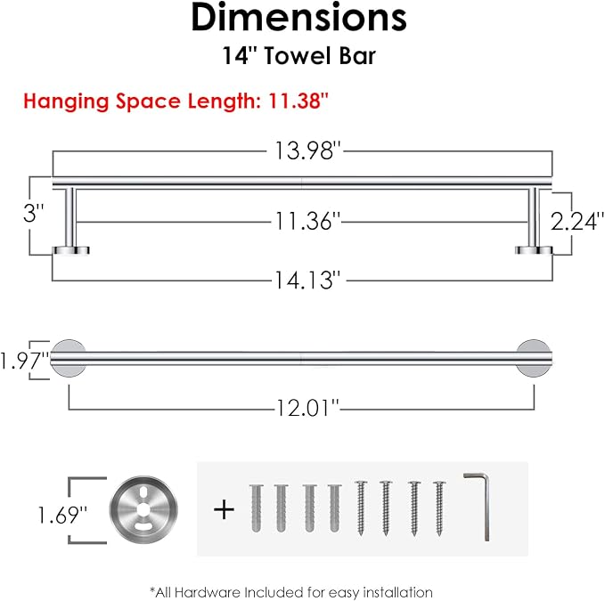 FORIOUS Towel Bar 12" Towel Racks for Bathroom Wall Mounted Chrome | Total Length 14 Inch, Rustproof, Stainless Steel Towel Holder, Wall Mounted for Bathroom Bedroom, Heavy Duty, Space Saving
