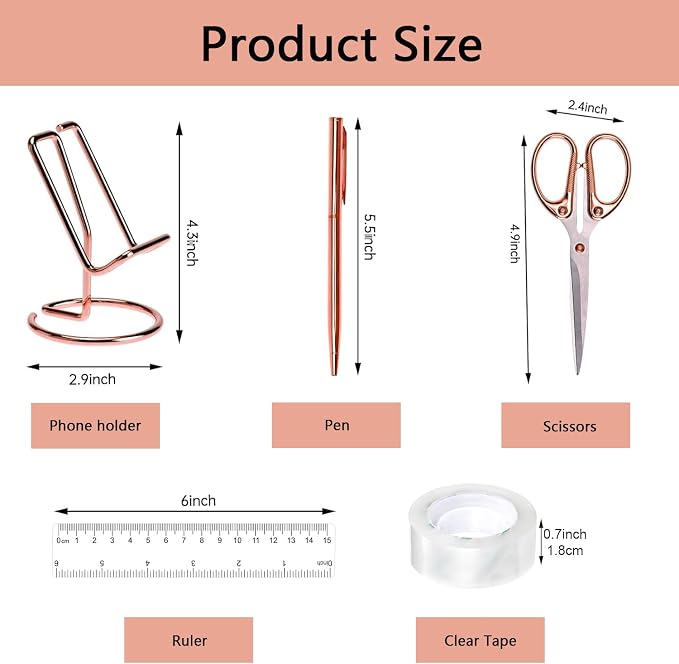 suniya Office Supplies,Rose Gold Desk Accessories,with Stapler,Tape Dispenser,Pen Holder,Scissors,Phone Stand,Staple Remover,Ballpoint Pen,Clear Tape,Staples,Ruler,Clips,Best Gift for Business or Boss