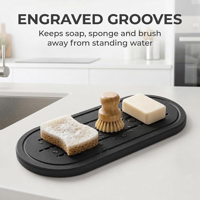 2PCS Water Absorbing Stone Drying Tray Mat for Bathroom Sink & Kitchen Counter Faucet Organizer Decor, Quick Dry Dish Soap Dispenser Sponge Holder, Vanity Caddy Coaster,Dark Gray -10"*3.8"