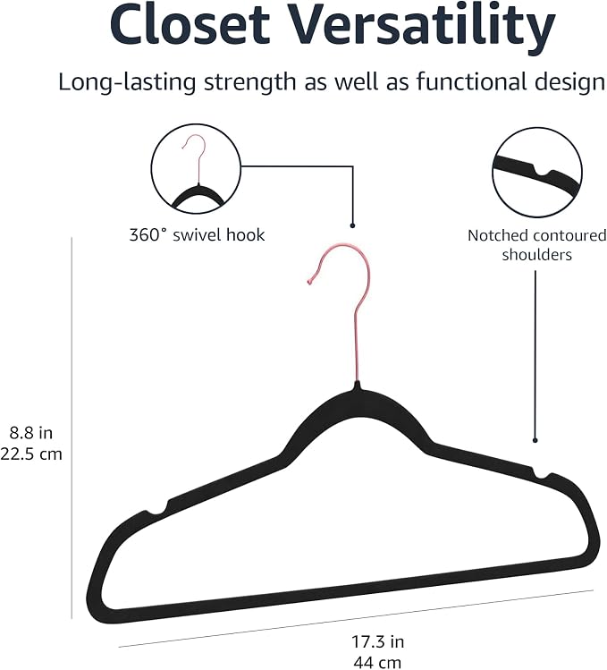 Amazon Basics Slim Velvet Non-Slip Space Saving Suit Clothes Hangers for Closet Organization, Black/Rose Gold, 50-Pack