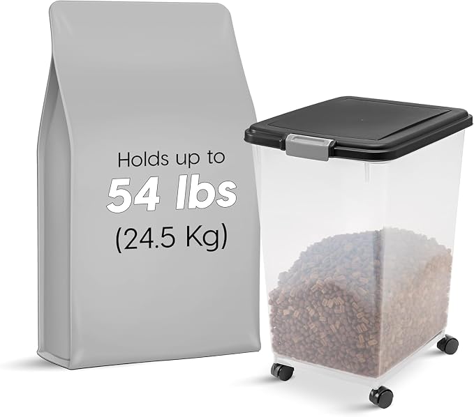 IRIS USA Airtight Dog Food Storage Container, Up to 54 lbs, Attachable Wheels, For Dog Cat Bird and Other Pet Food Storage Bin, Keep Fresh, Translucent Body, Easy Mobility, Black