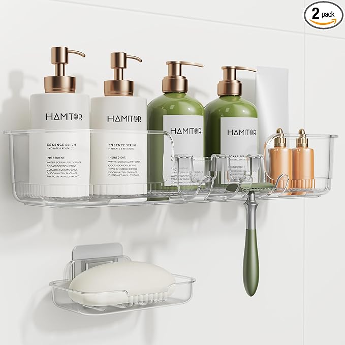 HAMITOR Adhesive Shower Caddy for Bathroom：2 Pack Clear Bath Shelves No Drilling for Modern Renters & Home Decor - Rustproof Acrylic Shower Organizer for Bathroom Storage