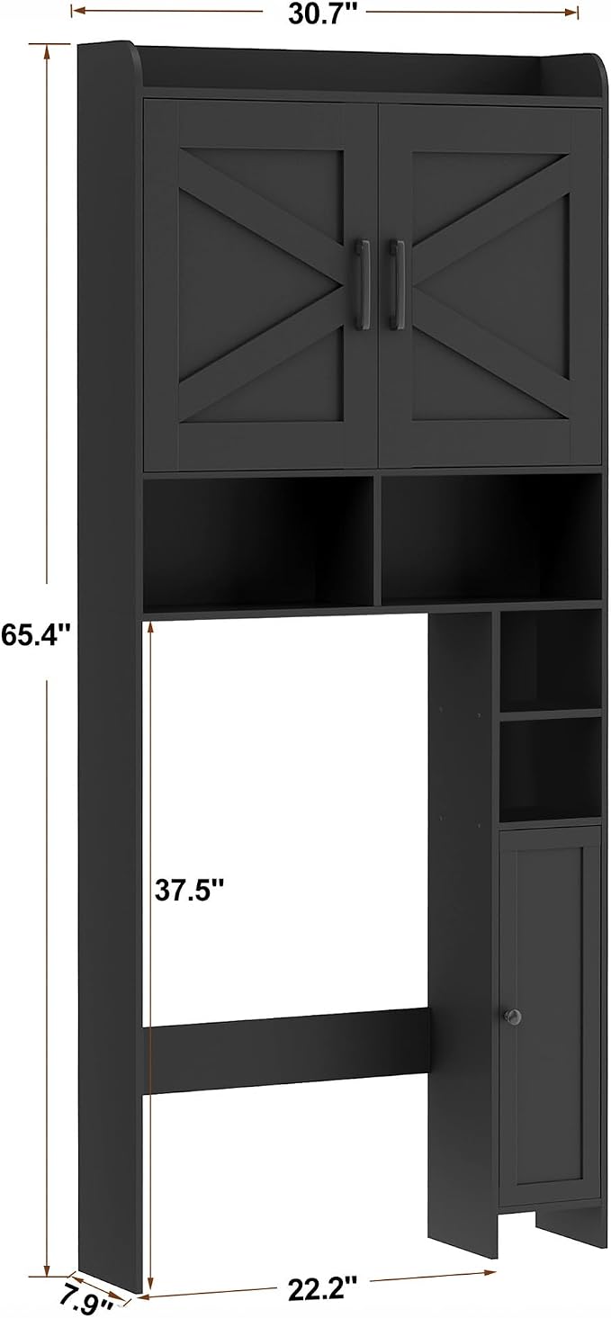 Homhedy Wooden Over The Toilet Storage Cabinet with Barn Door | Freestanding Bathroom Storage, Toilet Paper Holder, Adjustable Shelf,Space-Saving, Farmhouse Style, Black
