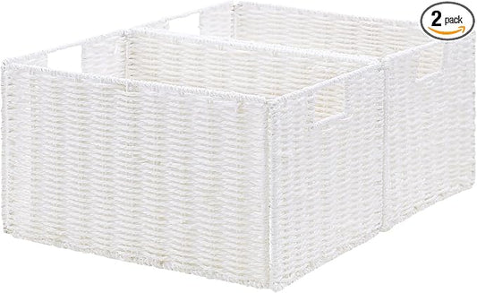 Vagusicc Wicker Storage Basket, Set of 2 Hand-Woven Paper Rope Wicker Basket, Small Storage Baskets for Organizing Toilet Paper Basket, Foldable Large Cube Storage Organizer Bins for Shelves (White)