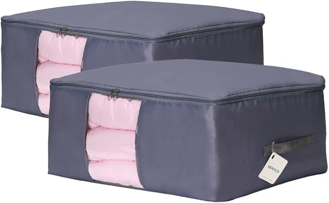 Comforter Storage Bags Pack of 2,Pillow Beddings/Blanket Clothes Organizer Storage Containers with Zippers,Breathable and Moistureproof(Grey 2pcs, XXL)