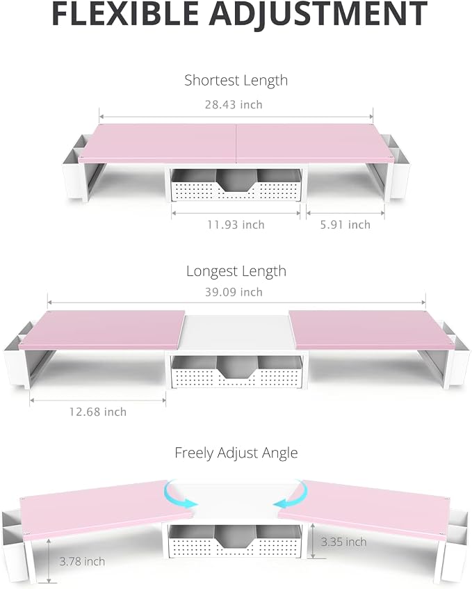 OPNICE Desk Organizers and Accessories, Dual Monitor Stand Riser with Drawer and 2 Pen Holders, Desk Shelf Computer Racks for Office Workspace Organizers, Desktop Organization (Pink-White)