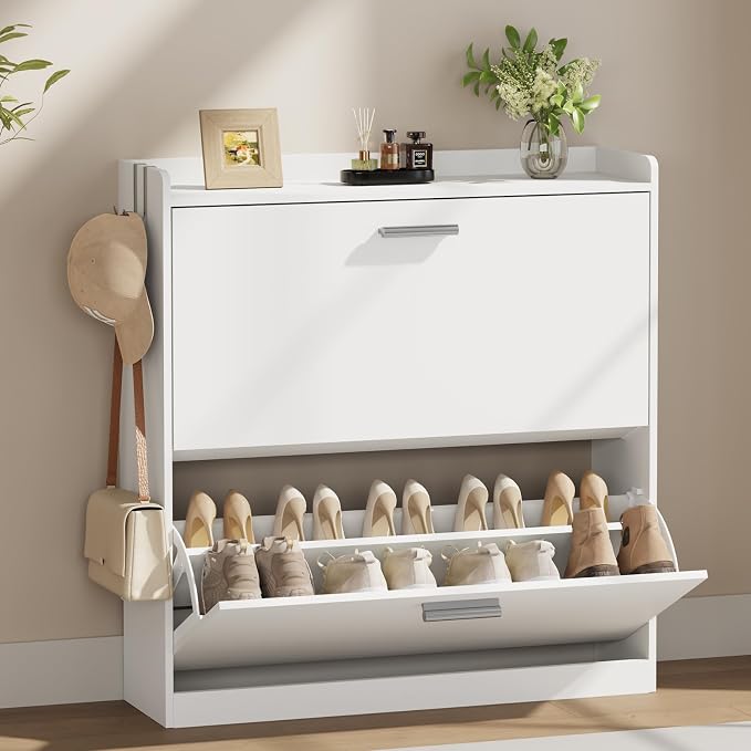 Shoe Cabinet Organizer with 2 Flip Drawers,Narrow Shoe Rack 31.5" W White | Freestanding shoe storage cabinet for entryway,foyer and hallway,space-saving flip drawers,Adjustable Shelves & 2 Hooks
