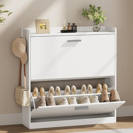 Shoe Cabinet Organizer with 2 Flip Drawers,Narrow Shoe Rack 31.5" W White | Freestanding shoe storage cabinet for entryway,foyer and hallway,space-saving flip drawers,Adjustable Shelves & 2 Hooks