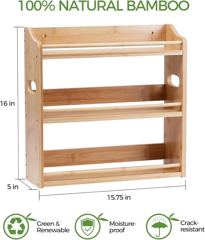 3 Tier Bamboo Spice Rack Organizer for Kitchen Countertop or Wall Mounting | Holds 48pcs 4oz Spice Jars, Handles for Easy Lifting, FSC-certified Bamboo