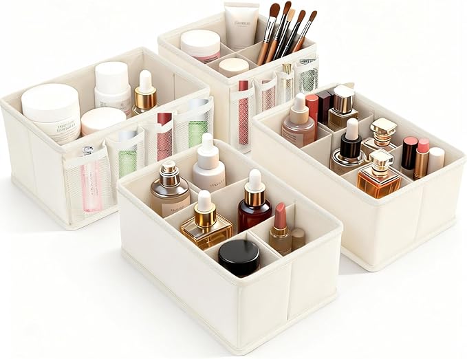 Cosmetic Storage Bins Makeup Organizer, Adjustable Multifunction Storage Box Desk Drawer Divider for Makeup Brushes, Bathroom Countertop or Dresser, Set of 4