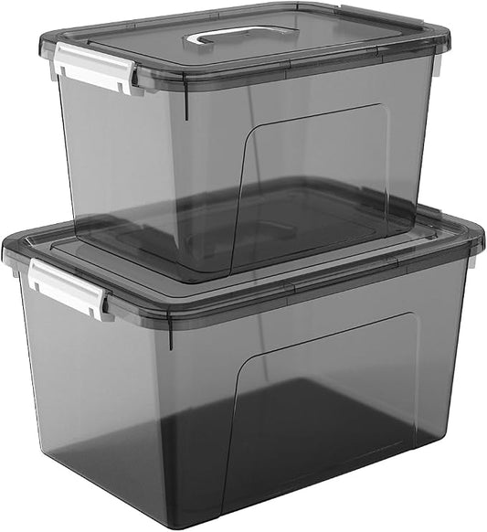 Plastic Storage Bins with Lids, 2 Pack Mixed Sizes (7 Qt, 16 Qt) Clear Black with Lid Stackable Organizer Boxes with Latches for Closet, Pantry, Bathroom, Office