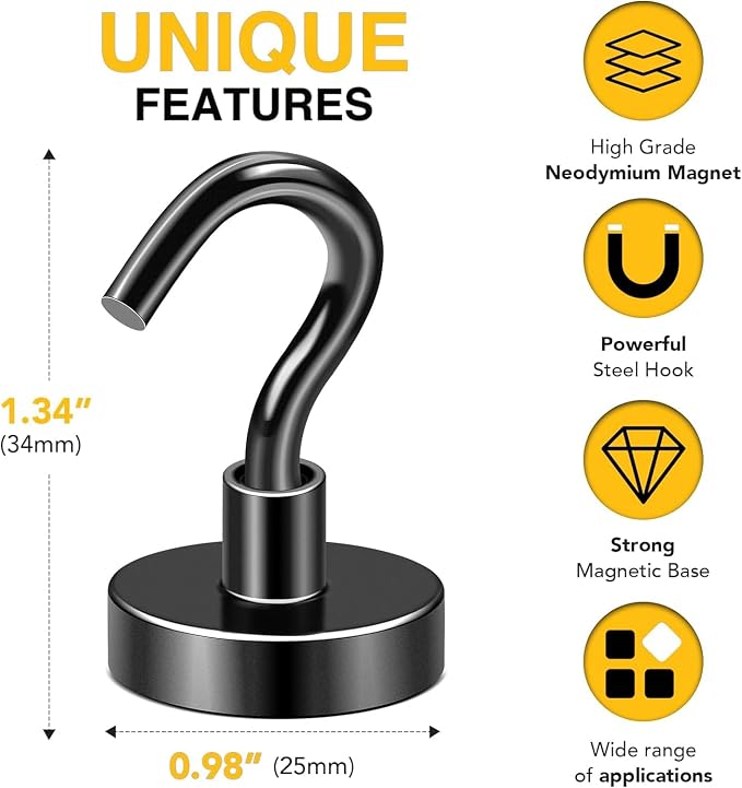 DIYMAG Magnetic Hooks, Strong Magents 4 Pack 85lbs for Cuise Cabins Black | 2026 Ship Essentials Heavy Duty Strong Refrigerator Fridge Magnets for Classroom Kitchen Grills Beach Vacation Home