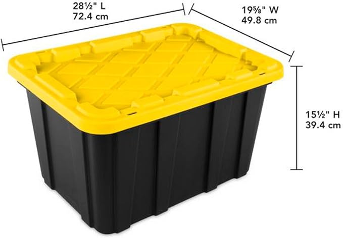 Sterilite Industrial Storage Tote with Lids for Garage, 27 Gallon, 8-Pack | Heavy-Duty and Stackable Utility Box Containers for Home, Office, and Basement Organization, Black/Yellow