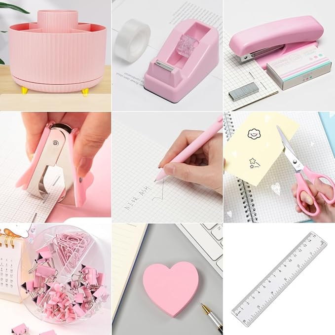 Pink Office Desk Accessories, 15pcs Office Supplies 360°Pen Holder , Stapler, Staple Remover, Tape Dispenser,Tape Refills, Binder Paper Clips Kit, Scissor, Cute Desk Accessories for Women Gift Set