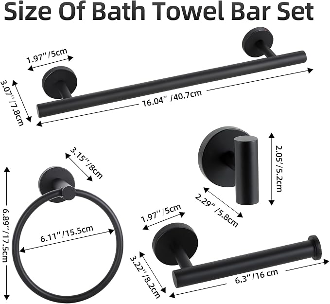 Matte Black Bathroom Hardware Accessories Towel Bar Set 5 Pieces | Stainless Steel Black Towel Rack Set Including 16in Towel Bar Wall Mounted, Toilet Paper Holders, Towel Rings, Towel Hooks