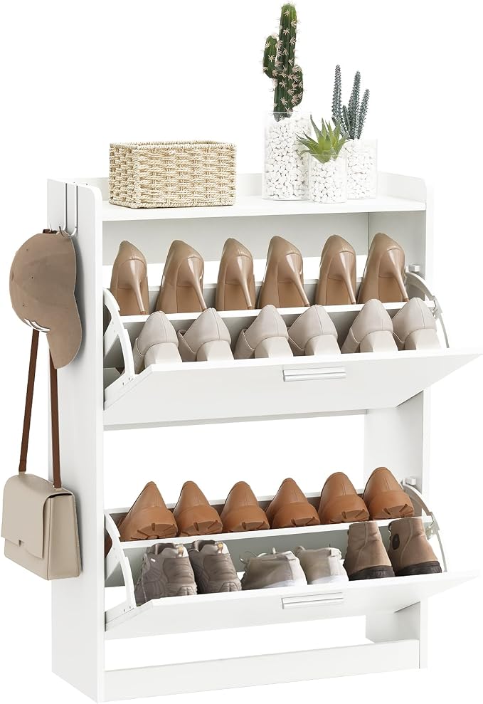 Shoe Storage Cabinet for Entryway with 2 Flip Drawers, 23.6" W White | Freestanding shoe storage cabinet for entryway,foyer and hallway,slim design and space-saving flip drawers