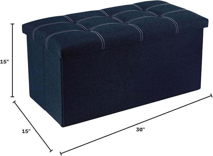 YOUDENOVA 30" Linen Ottoman with Storage, Folding Bench, Blue | Foldable linen ottoman with hidden storage, padded seat and sturdy frame for living room or bedroom.