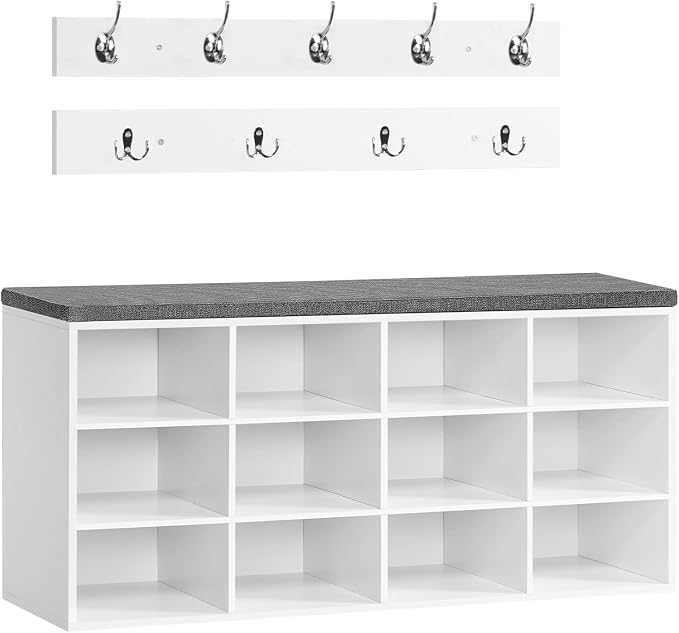 HOOBRO Shoe Storage Bench with Cushion, 39.4" L Entryway Bench with 12 Cubbies, Entryway Hall Tree with Storage, Cubby Shoe Rack Bench with Coat Rack for Hallway, Holds up to 330 lb, White WT112HX01