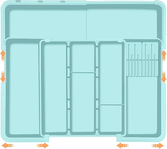Utensil Drawer Organizer for Kitchen, Expandable Silverware Organizer Cooking Utensils Tray, Large Cutlery and Flatware Holder, Kitchen Tools & Gadgets Storage (Turquoise)